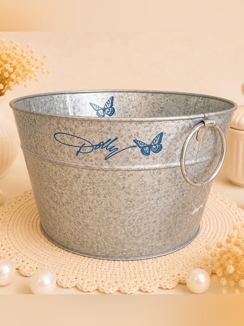 Dolly Galvanized Metal Bucket with a Butterfly Design